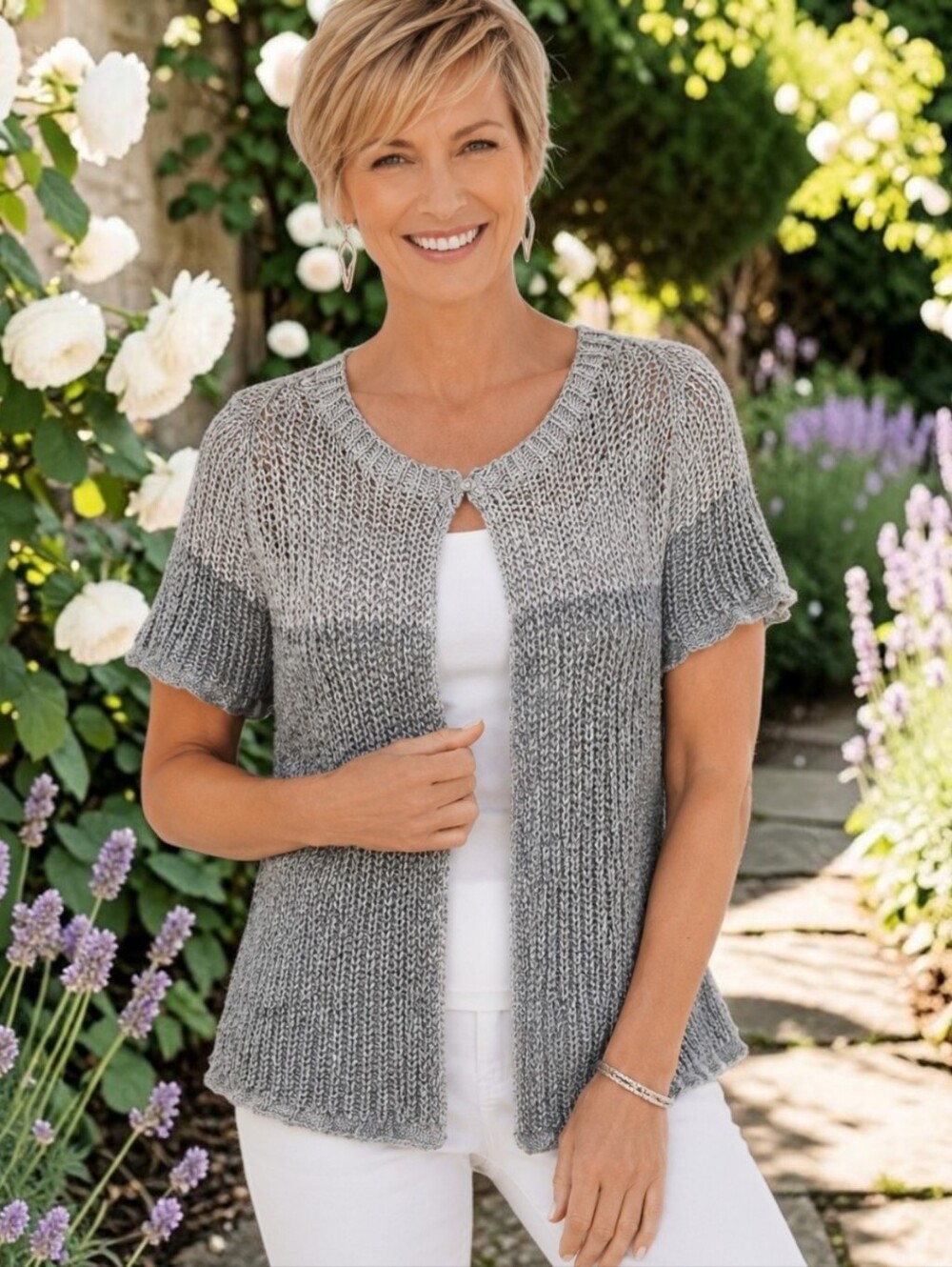 Chicos Open Knit Cardigan Sz 0 S Sweater Short Sleeve Shrug Capsule Luxury Gray